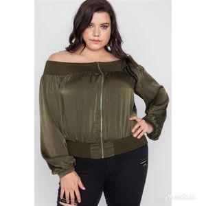 New Off-Shoulder Olive Zippered Pocketed Jacket